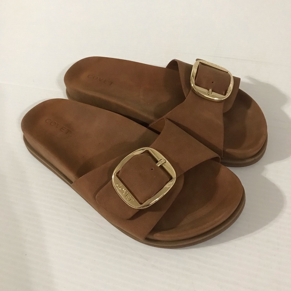 Covet Brown Slide Sandals with Gold Buckle Size 38